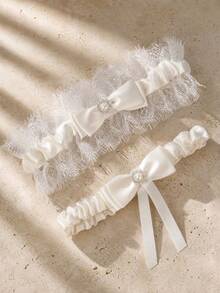 Personalized Bridal Wedding Garter, Customized Name & Date, Blue Lace Bridal Keepsake, Handmade Gift - Multi-color - Pearl Sock Garters - View 3