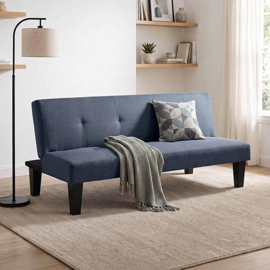 Sofá Cama Reclinable Plegable de 3 Plazas Color Azul 167x45x76.5 cm| Sofá Convertible Tapizado en Tela con Botones| Patas de Madera Negras sin Brazos| para Sala Estar Recámara y Espacios Reducidos| Fácil de Armar