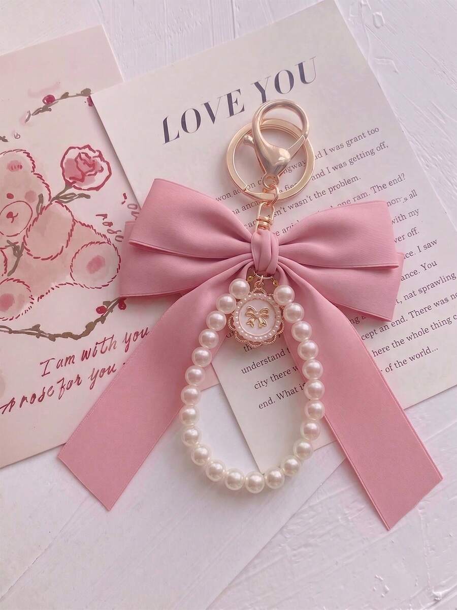 1pc Exquisite Matte Black Bow Faux Pearl Keychain, Suitable As Valentine's Day Gift - Black - View 1