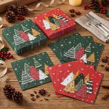 20/40/60pcs Merry Christmas Disposable Paper Napkins, Double-Layer Green & Red Snowflake Christmas Tree Print, Holiday Table Decor, Suitable For Winter Holiday Parties, Christmas Family Gatherings, New Year Celebrations, 6.5*6.5 Inches - Multi-color - View 5