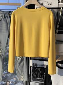 American Retro California Letter Short Long Sleeve T-Shirt Women Slim Fit Cropped Waist Top Early Autumn - Yellow - View 2