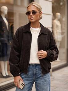 Women's Corduroy Jacket Cropped Oversized Zip-Up With Classic Collar And Elastic Hem - Chocolate Brown - View 1