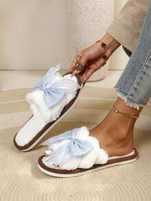 Women's Fuzzy Bowknot Slippers, Soft Plush Indoor House Shoes For Winter - Blue - View 7