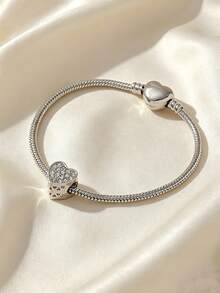 1pc Elegant Luxury Rhinestone-Encrusted Heart Clasp Copper Bracelet - Perfect For Daily Wear, Valentine's Day Gift, Birthday Gift Valentines,Mom,Mother,Mother's Day,Gift - Silver - View 1