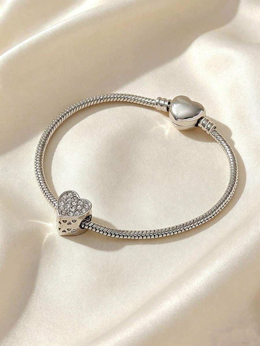 1pc Elegant Luxury Rhinestone-Encrusted Heart Clasp Copper Bracelet - Perfect For Daily Wear, Valentine's Day Gift, Birthday Gift Valentines,Mom,Mother,Mother's Day,Gift - Silver - View 1