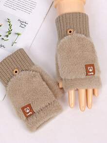Autumn/Winter Half-Finger Half-Palm Flip-Cover Warm Windproof Gloves, Solid Color Fleece Lining Thickened Knitted Gloves, Outdoor Cold Protection, Office Use, Touchscreen Fingerless Design - Multicolor - View 12