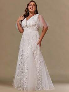 Women Plus Size V-Neck Sequins Evening Dress For Wedding Bridal Shower Bachelorette Party Prom Homecoming Gowns Formal Maxi Dresses - White - View 4