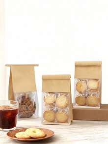 50pcs Small Cookie Bags With Window And Tin Lock, Suitable For Muffins, Snacks, Brownies, Oatmeal - Brown - View 5