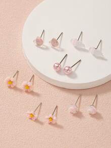 6 Pairs Women's Stud Earrings With Fresh Floral, Heart And Jellyfish Patterns, Suitable For Daily Casual Wear And Holiday Gifts - Baby Pink - View 2