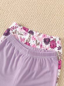 Girls 4-Piece Casual Home Pajama Set, Wavy Ruffle Collar With Small Bow Design, Vintage Large Ditsy Floral, Ribbed Fabric Long Sleeve Top And Pants, Comfortable Minimalist Children's Sleepwear - Purple - View 6