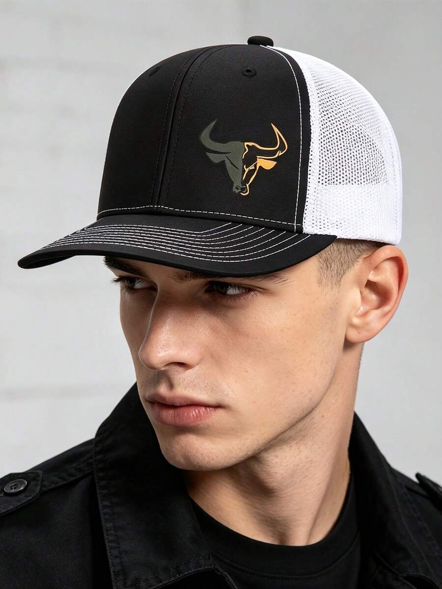 1pc American Bull Graphic Trucker Mesh Cap, Men's Breathable Patchwork Baseball Hat, Outdoor Sun Protection Adjustable Head Circumference Casual Versatile Hard Top Baseball Cap - Multicolor - View 1