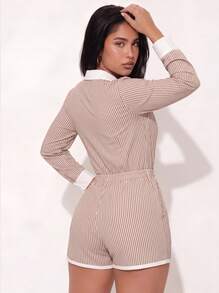 2pcs/Set Women's Loose Comfortable Breathable Long Sleeve Top + Shorts Cute Pajama Set - Brown - View 4