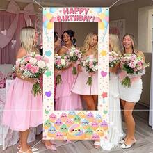 1pc Cute Dumpling Cartoon Pattern Happy Birthday Backdrop, Pink Photo Booth Frame Background, Birthday Party Supplies, Room Decor, Outdoor Decor, Suitable For Birthday Party Selfie Photo Background Decoration - Multicolor - View 3