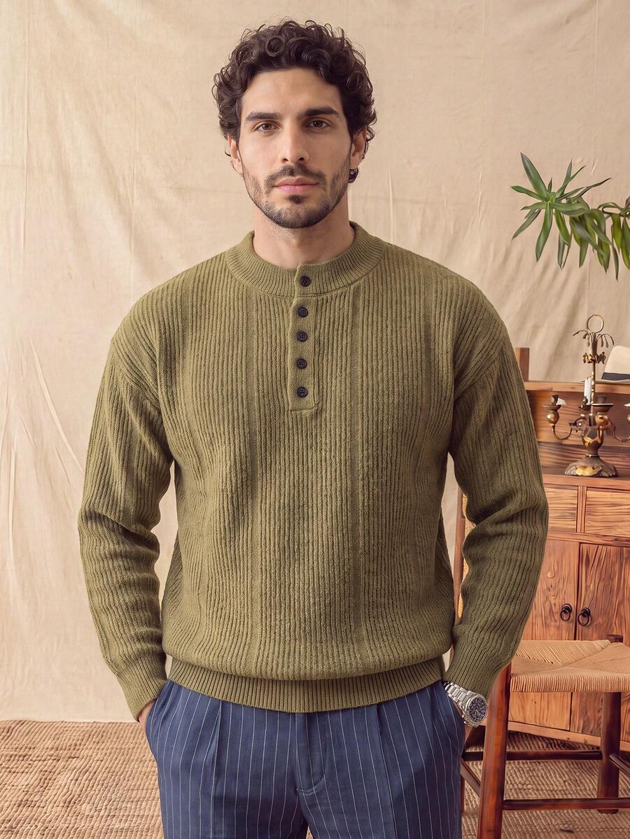 glestore Men's Vintage "Old Money Style" Solid Color Front Button Pullover Sweater, Casual & Comfortable, Classic All-Season Versatile Piece - Olive Green - View 1