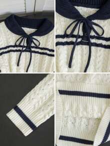 Sweater Wanita Musim Gugur/Dingin Y2K Manis dengan Ikatan Depan, Atasan Rajut Bertekstur Warna Kontras - Aprikot - View 7