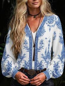 Plus Size Women's Boho Bohemian Style V-Neck Long Sleeve Blouse, Elegant Floral Print Woven Non-Stretch Regular Fit, Suitable For Autumn - Blue - View 3