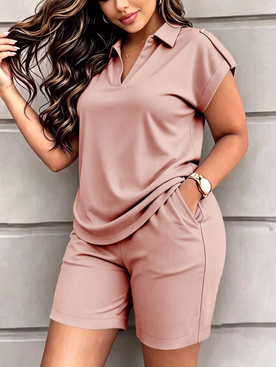 Women's New Fashion 2-Piece Casual Set, Solid Color Short Sleeve Top With Heart Print Shorts, Spring/Summer/Autumn Outfit For Women Elegant - Lotus Root Starch 68 - View 1