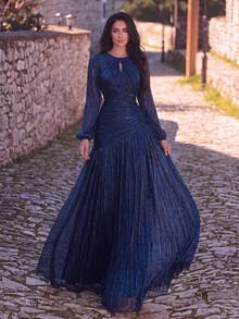 Elegant Round Neck Front Cutout Evening Gown, Suitable For Weddings, Balls, Anniversaries And Formal Occasions, Quiet Luxury, Minimalist Party Fall - Royal Blue - View 4