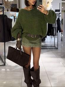 2026 Women's Comfortable Green Chunky Knit Long Sleeve Oversized Pullover Wool Sweater, Autumn/Winter Essential - Green - View 2