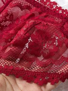 1pc Fashion Burgundy Lace Eyelash Mesh Bra, Breathable Sheer Mesh Elegant Women's Lingerie - Red - View 7