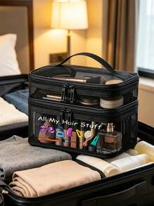 Mesh Makeup & Grooming Storage Bag With "All My Hair Stuff" Print, Matching Mesh Portable Storage Bag, Double-Layer Transparent Toiletries Storage Bag, Travel & Business Trip Portable Toiletries Organizer - Multicolor - View 6