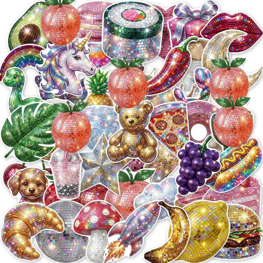 somoving 50Pcs Y2K Sparkly Disco Mirror Ball Stickers, Shiny Glitter Fruit Snack Cute Pet Party Decals For Bullet Journal, Gift Wrap & Scrapbook Embellishment - Multicolor - View 1