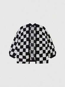 Cardigan Rajut Longgar Kasual Motif Kotak-kotak Ukuran Plus untuk Wanita, Model Terbuka di Bagian Depan - Hitam dan Putih - View 3