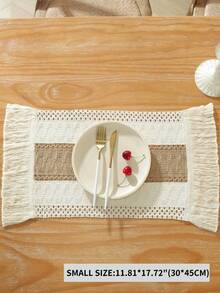 1PC Linen Rustic Tassel Table Runner, Crochet Lace Edge Striped Table Cover For Wedding Holiday Party Decor - Multicolor - View 21