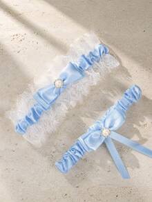 Personalized Bridal Wedding Garter, Customized Name & Date, Blue Lace Bridal Keepsake, Handmade Gift - Multi-color - Pearl Sock Garters - View 5