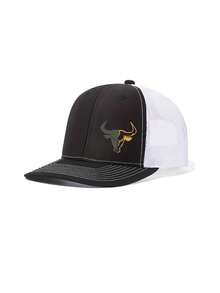 1pc American Bull Graphic Trucker Mesh Cap, Men's Breathable Patchwork Baseball Hat, Outdoor Sun Protection Adjustable Head Circumference Casual Versatile Hard Top Baseball Cap - Multicolor - View 8
