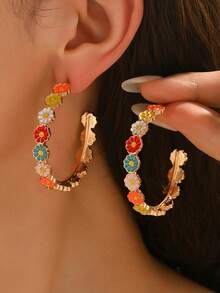 1 Pair European And American Vintage Fashion Elegant C-Shaped Hoop Earrings With Fresh Colorful Daisy Studs - Multicolor - View 5