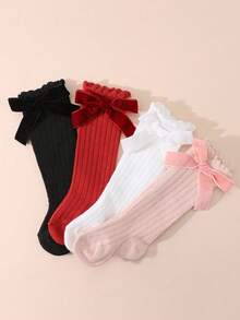 4 Pairs Sweet Cute Solid Color Bow Bubble Cuff High Tube Socks For Baby Girls, Suitable For Daily Wear - Multicolor - View 7