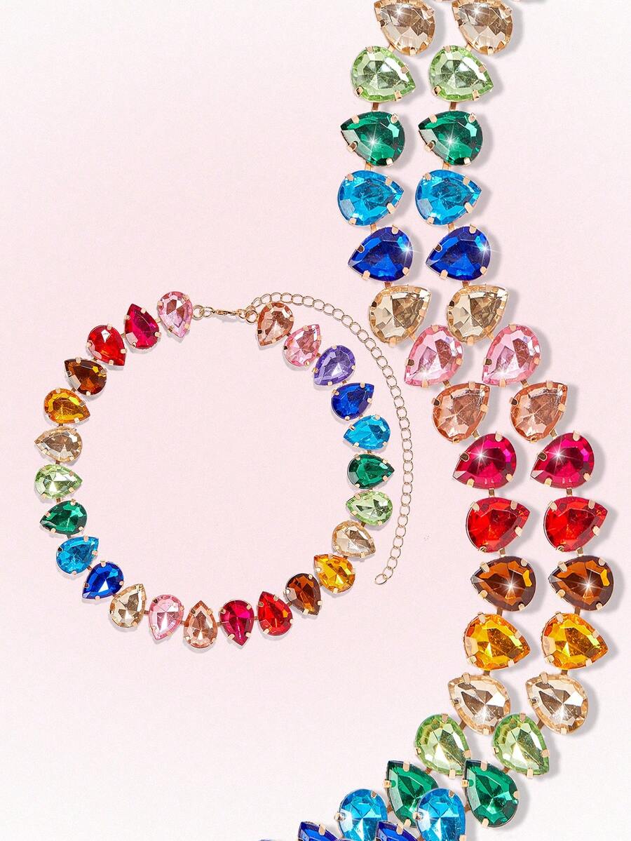 Popjeli 1pc Glamorous Colorful Heart & Teardrop Pendant Necklace - Multicolor C - View 1