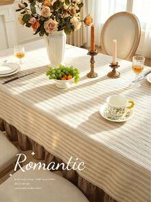1pc Faux Linen Tablecloth With Scalloped Lace Trim, Polyester Fabric, Botanical Pattern, Rectangular/Square Tablecloth For Dining Room And Living Room Table Decor - Multicolor - View 5