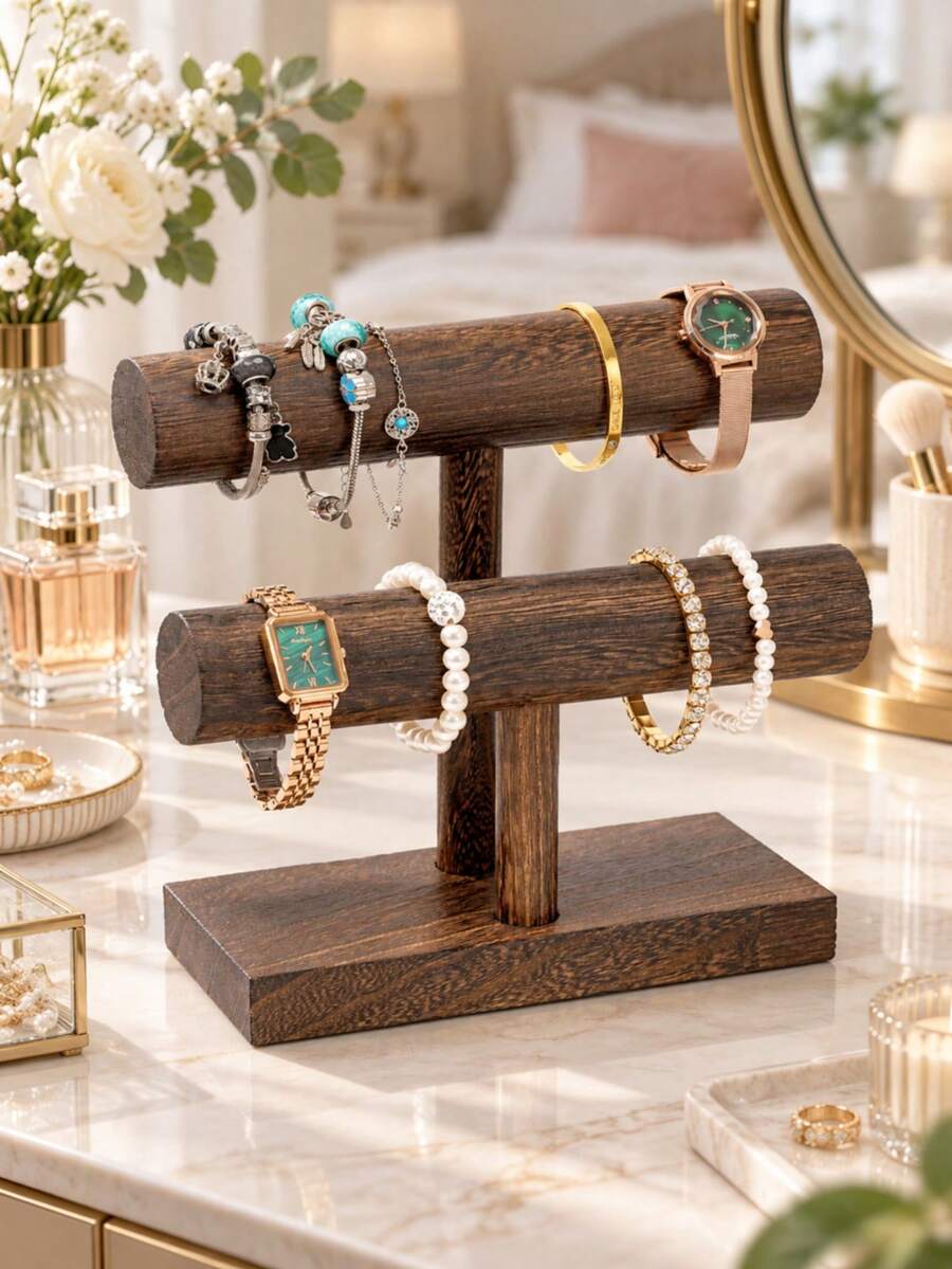Bracelet Display Stand/Bracelet Storage Rack/Wooden Bracelet Rack/T-Shaped Bracelet Storage Rack/Wooden Watch Display Tower (Suitable For Commercial Use) - Brown - View 1