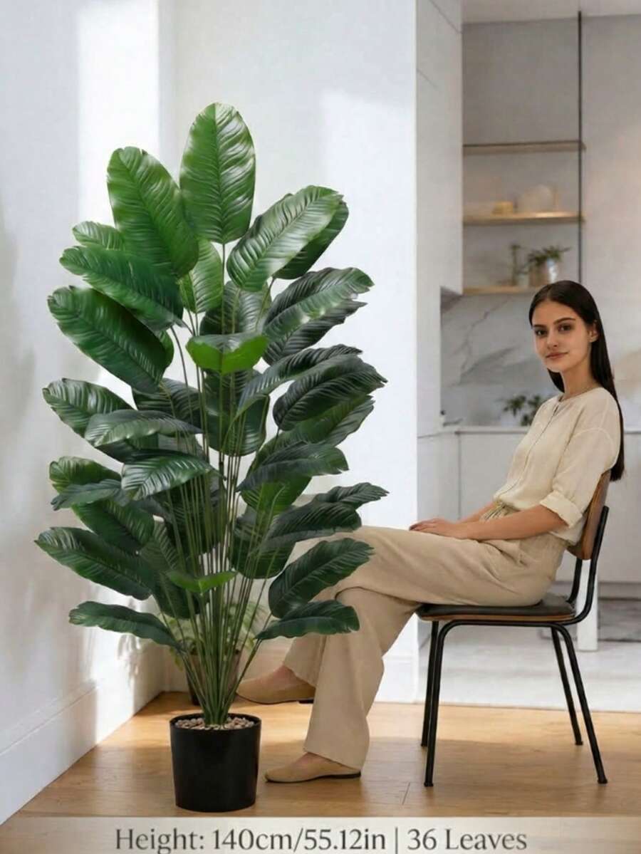 1pc Large Artificial Banana Tree, Faux Tropical Plant With Plastic Leaves, Tropical Begonia Leaves, Realistic Touch Palm Branch, Artificial Greenery For Home, Office, Garden Decoration, Pot Not Included - Green - View 1