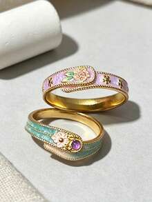 1pc Vintage Chinese Enamel Drip Glaze Floral Peach Print Exquisite Ring - Peach Blossom Ring - View 13