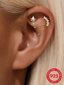 1pc 925 Sterling Silver Star Dangle Earring Chain Industrial Barbell Triple Stars Charm Chain/18K Gold Plated Helix Conch Lobe Nose Piercing Chain - Gold - View 4