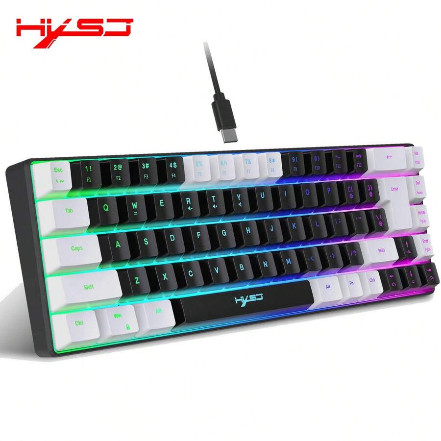 HXSJ New Thin Film Wired Game Keyboard USB-C Key Cable Separation 68 Key RGB Backlight Suitable For Home Games, Office, Black And White The Keyboard Is Wired Only - View 1