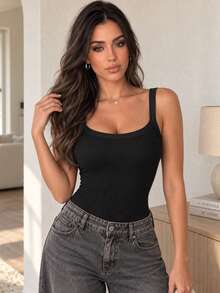 ChicMe Women's U-Neck Sleeveless Spaghetti Strap Ribbed Jumpsuit, Slim Fit Elastic All-Match Tank Top, Classic Versatile Lightweight Layering Top - Black - View 7