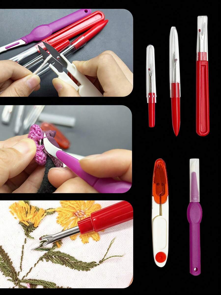 5pcs Red Seam Ripper Set, Includes Large, Medium, Small With Transparent Protective Cover, Red Scissors And Sickle Style, Sewing Seam Ripping Auxiliary Tool, Suitable For Embroidery, Patchwork, Fabric Craft, Clothing Alteration And Repair, Handmade Sewing DIY Accessories - Seam Ripper Set - View 1