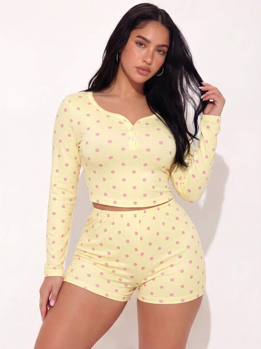2pcs Women's Round Neck Cropped Long Sleeve Top + Elastic Waist Shorts Pajama Loungewear Set