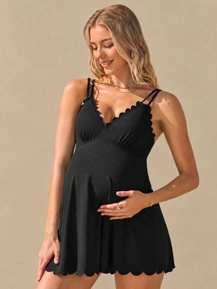 Women's Casual V-Neck Sleeveless Maternity Short Swimsuit With Black Ruffle Trim One-Piece Swimwear - Black - View 1