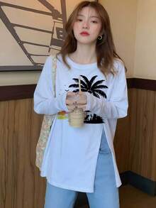 Women's Vintage Gradient Sunset Island Coconut Scene Print Long Sleeve T-Shirt, Loose Drop Shoulder Comfortable Casual Commute Base Layer - White - View 7