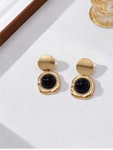 1 Pair Exquisite Vintage Tiger Eye Stone Brushed Gold Round Disc Pendant Earrings For Women, Daily Commute, Party, Ball - Earring - View 7