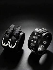 2pcs Black Motorcycle Style Fashion Punk Bracelet Set, Suitable For Men's Daily Riding And Outdoor Fashion Wear, Exquisite Bracelet Gift Set For Men - Black - View 1