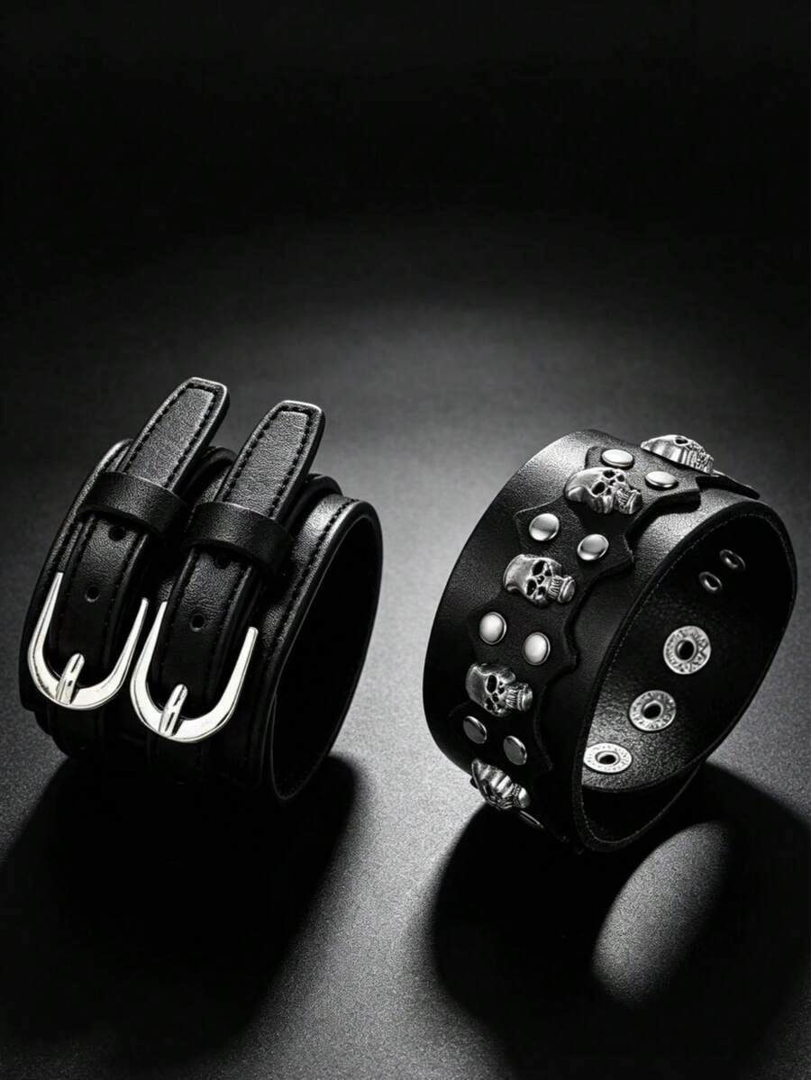 2pcs Black Motorcycle Style Fashion Punk Bracelet Set, Suitable For Men's Daily Riding And Outdoor Fashion Wear, Exquisite Bracelet Gift Set For Men - Black - View 1