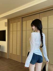 Polka Dot Tie-Front Long Sleeve T-Shirt Slim Fit Mesh Top - White - View 9