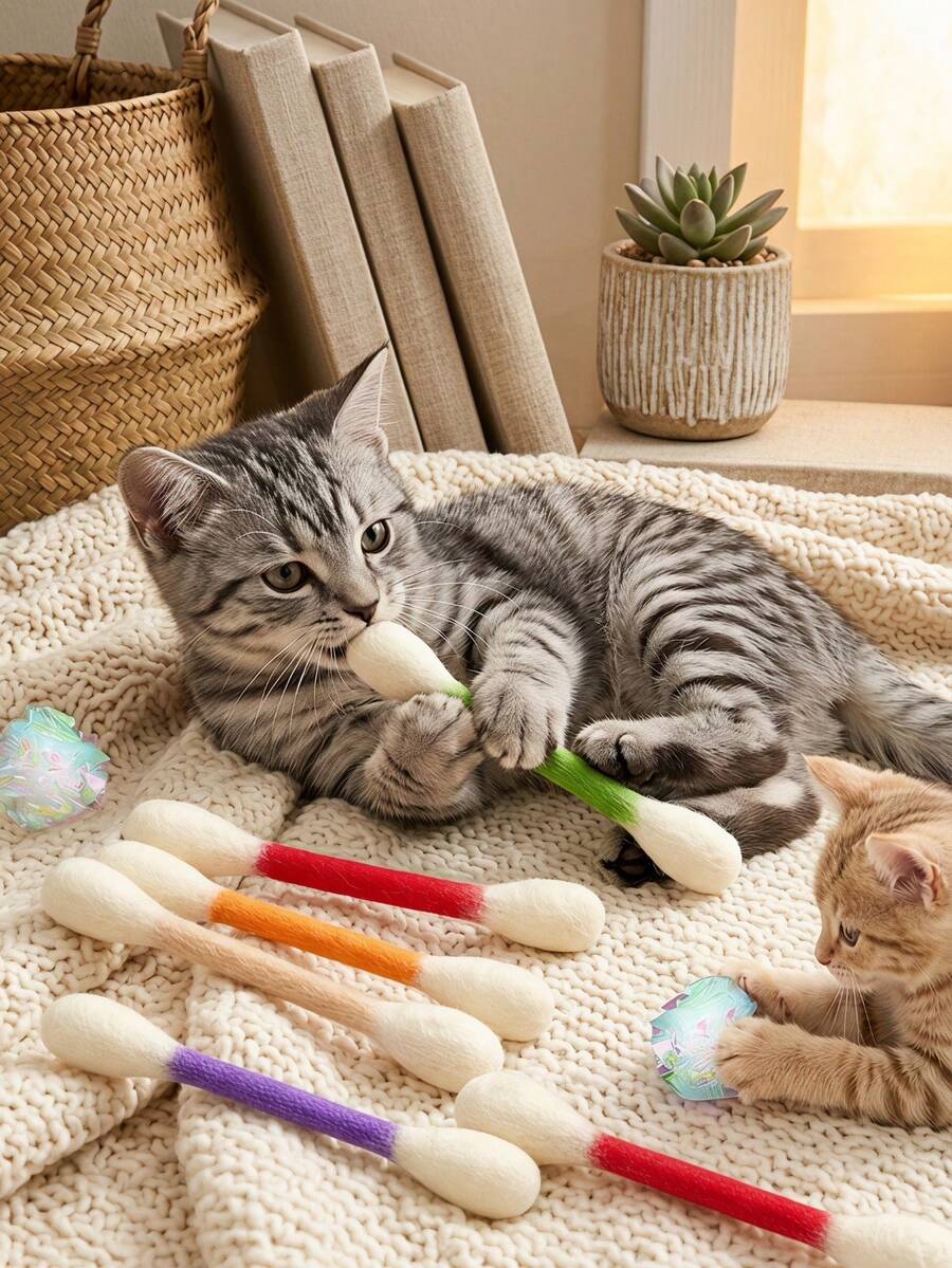 PETSIN 2pcs Felt Cat Kicker Toys, Interactive Kitten Teething & Chewing Toys, Boredom Relief Dental Toys, Anxiety Relief & Digestion Aid Gift For Cat Lovers, Battery-Free, Suitable For Cats And Dogs - Multicolor - View 1