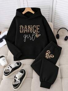 2pcs/Set Tween Girl Graphic Print Casual Fleece Hoodie Sweatshirt And Fleece Pants, Autumn/Winter Outfit - Black - View 1